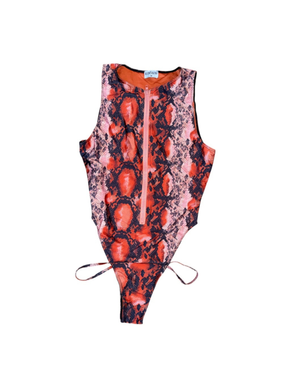 IconSwim One Piece Swimsuit M Orange Snakeskin High Cut Zip Front Cheeky Tie